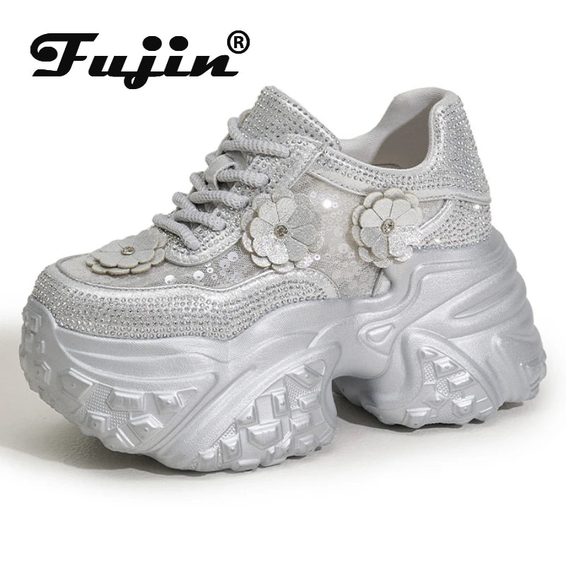Fujin 10cm Air Mesh Synthetic Leather Bling Casual Platform Wedge Flats Women Vulcanize Hollow Summer Chunky Sneakers Shoes