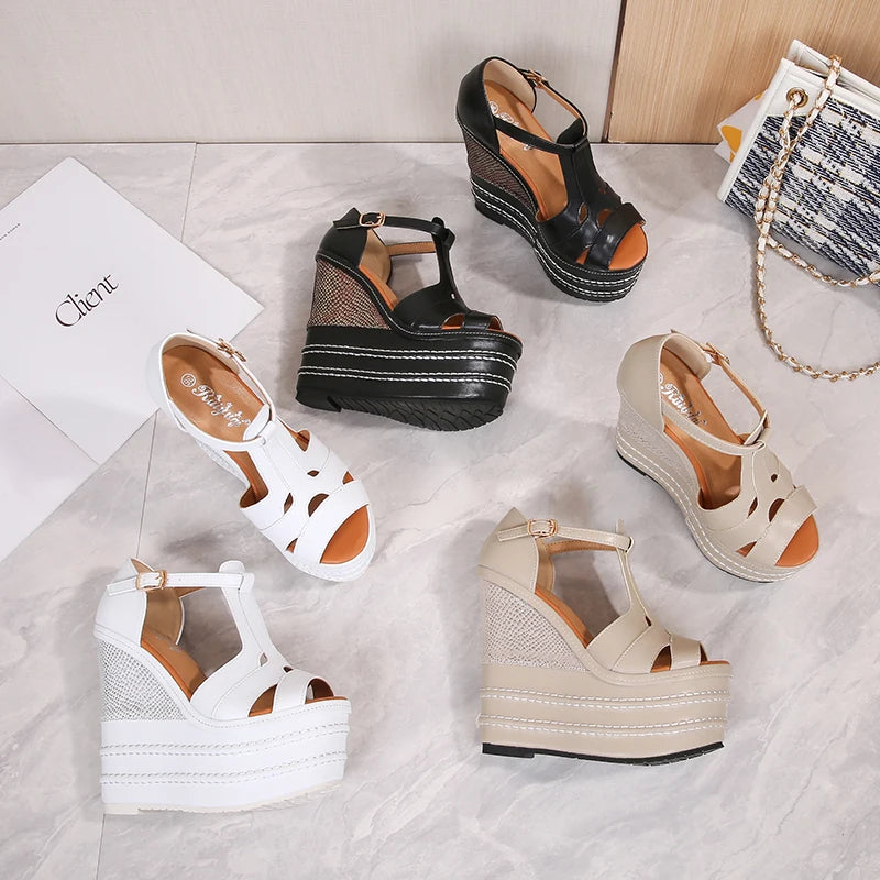 AUTUSPIN 14cm 16cm Super High Heels Microfiber Leather Platform Wedge Sandals Summer Shoes Women Peep Toe Party Wedding Shoes