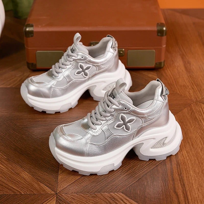 AUTUSPIN 7cm Popular Thick Soled Shoes for Women Fashion Breathable Mesh Leisure White Shoes Platform Chunky Casual Sneakers