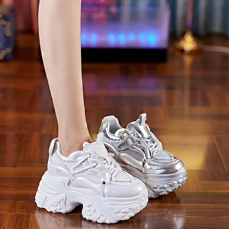 AUTUSPIN 9cm Hidden Heels Women Sneakers Newest Winter Autumn Genuine Leather Sports Walking Shoes Female Breathable Shoes Comfy