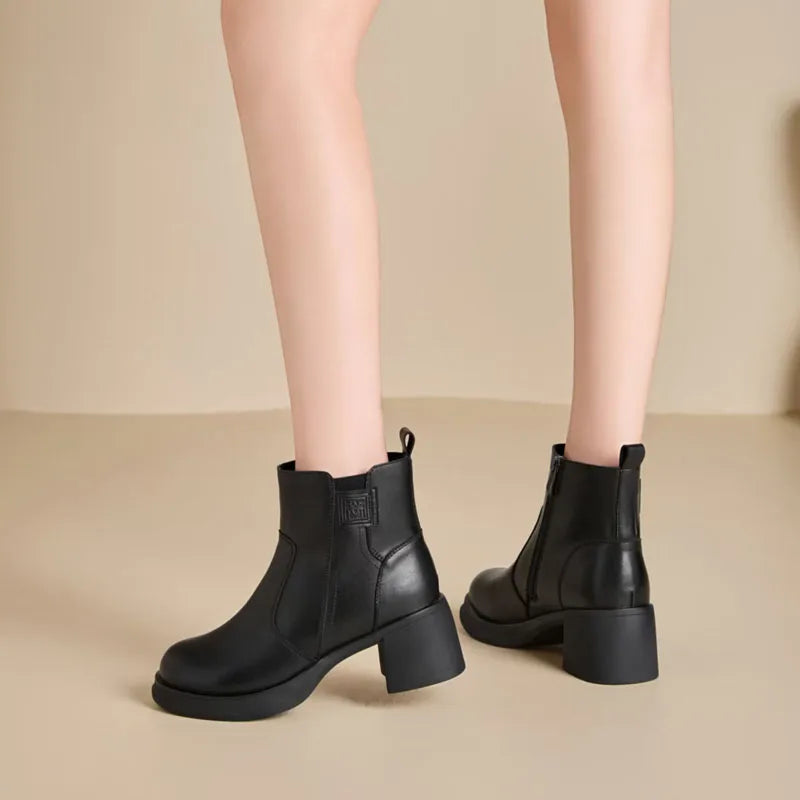 DRKANOL 2025 Women High Heel Ankle Boots Autumn Winter Plush Warm Shoes Quality Real Cowhide Trend Thick Heel Casual Short Boots