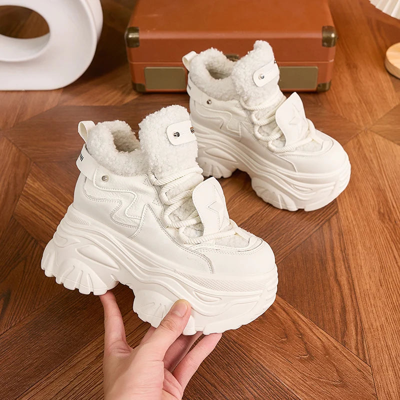 AUTUSPIN 8cm Winter Increased Height Warm Shoes for Women Fashion High Platform Thicken Sneakers Trendy Leather Chunky Shoes