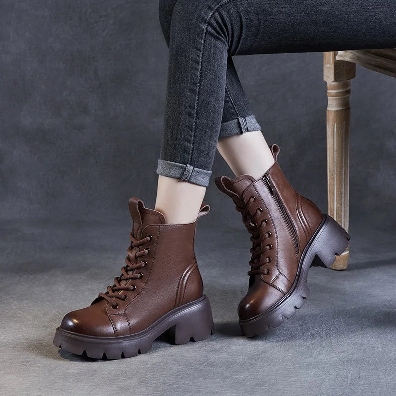 DRKANOL Genuine Cow Leather Ankle Boots For Women Height Increasing Thick High Heel Chunky Platform Autumn Winter Fur Warm Boots