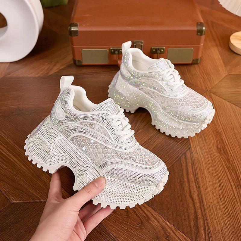 AUTUSPIN 7.5cm Thick Soled Women Shoes Summer Fashion Lace Spilcing Leather Chunky Sneakers Street Style Tide Crystal Shoes