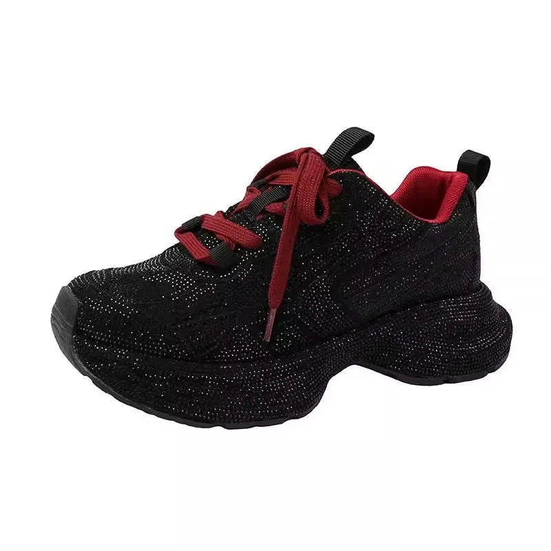 Fujin 5cm Women Sneakers Spring Lace-Up Casual Working Shoes Wearing Shoes High Brand Platform Wedge Silver Crystal Outside