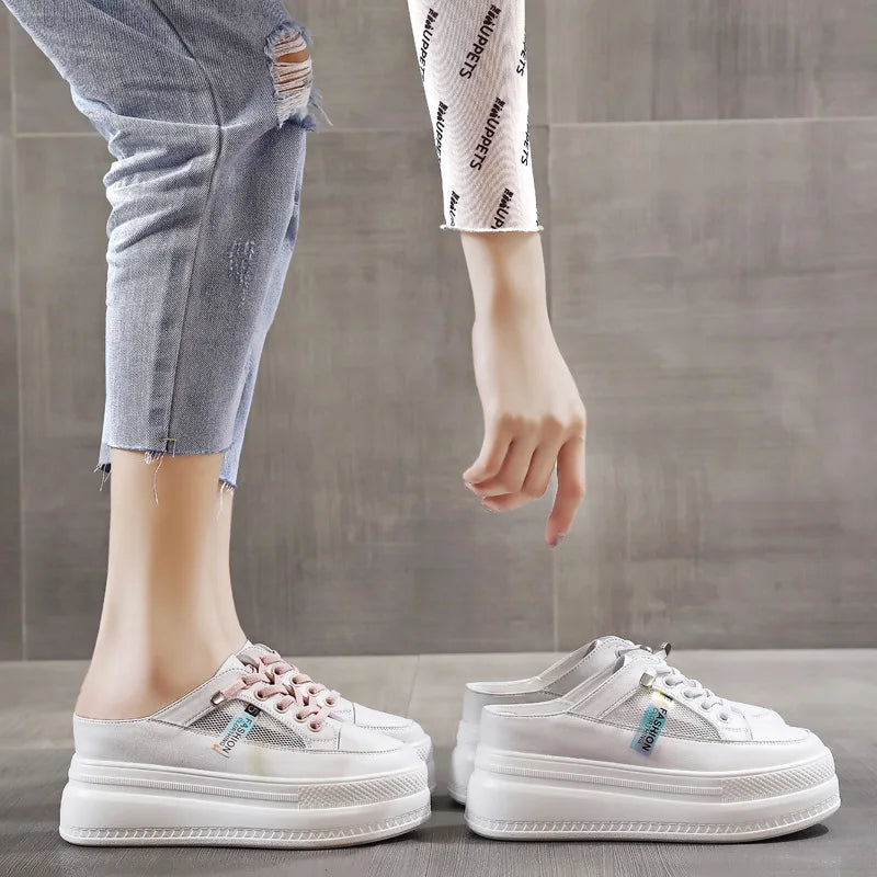 Fujin 2024 Genuine Leather Women Summer Shoes 8cm Platform Wedge Sneakers Beach Shoes Sandals Mules Slippers Sliades Air Mesh