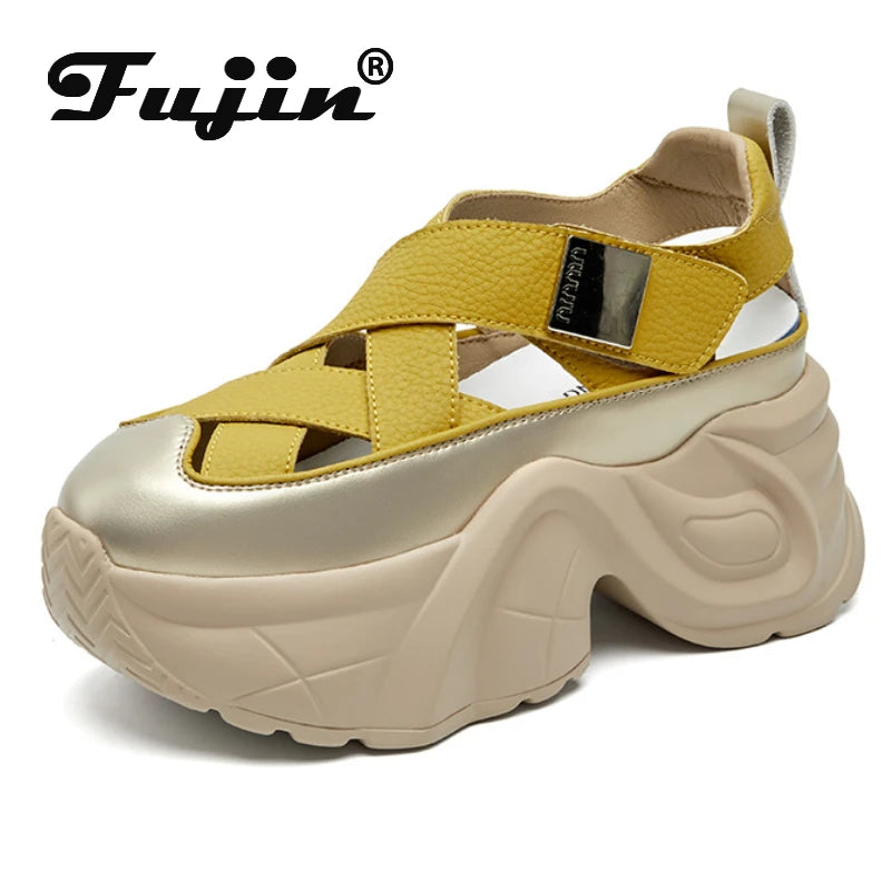 Fujin 8cm Cow Weave Genuine Synthetic Leather Platform Wedge Hook Summer Hollow Sandals Flat Women Slippers Pumps Fashion Shoes