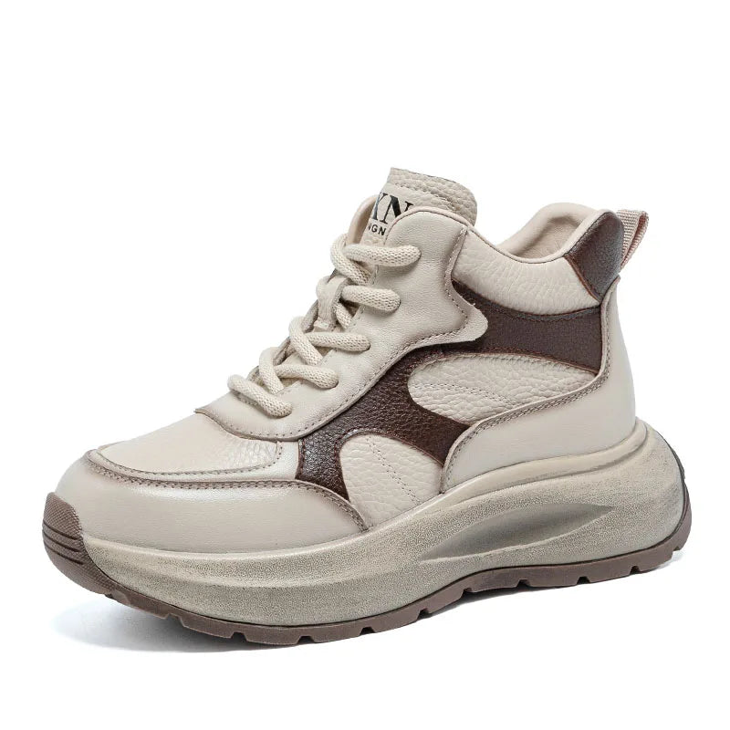 DRKANOL Women Thick Sole Platform Casual Sneakers Mixed Colors High Top Genuine Leather Wedges Heel Shoes Ladies Ankle Boots