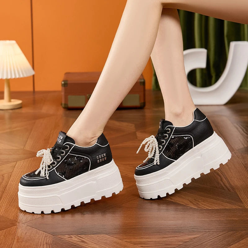 AUTUSPIN Designer Women Shoes Sequined Ladies Summer Mesh Leisure Vulcanize Sneakers Beads Lace-up Woman Platform Shoes 34-39