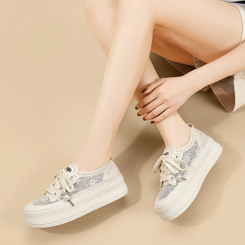 AUTUSPIN 4cm Breathable Lace Mesh Women's Shoes Summer New Arrival Platform Chunky Canvas Shoe Students Casual Sneakers 2024