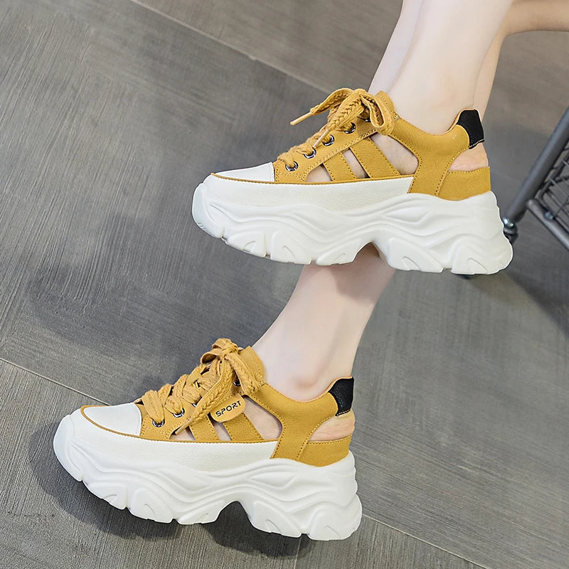 Autuspin New Genuine Leather Women Shoes Summer Retro Breathable Female Sandals Round Toe Leisure Slingbacks Thick Sole Sandal
