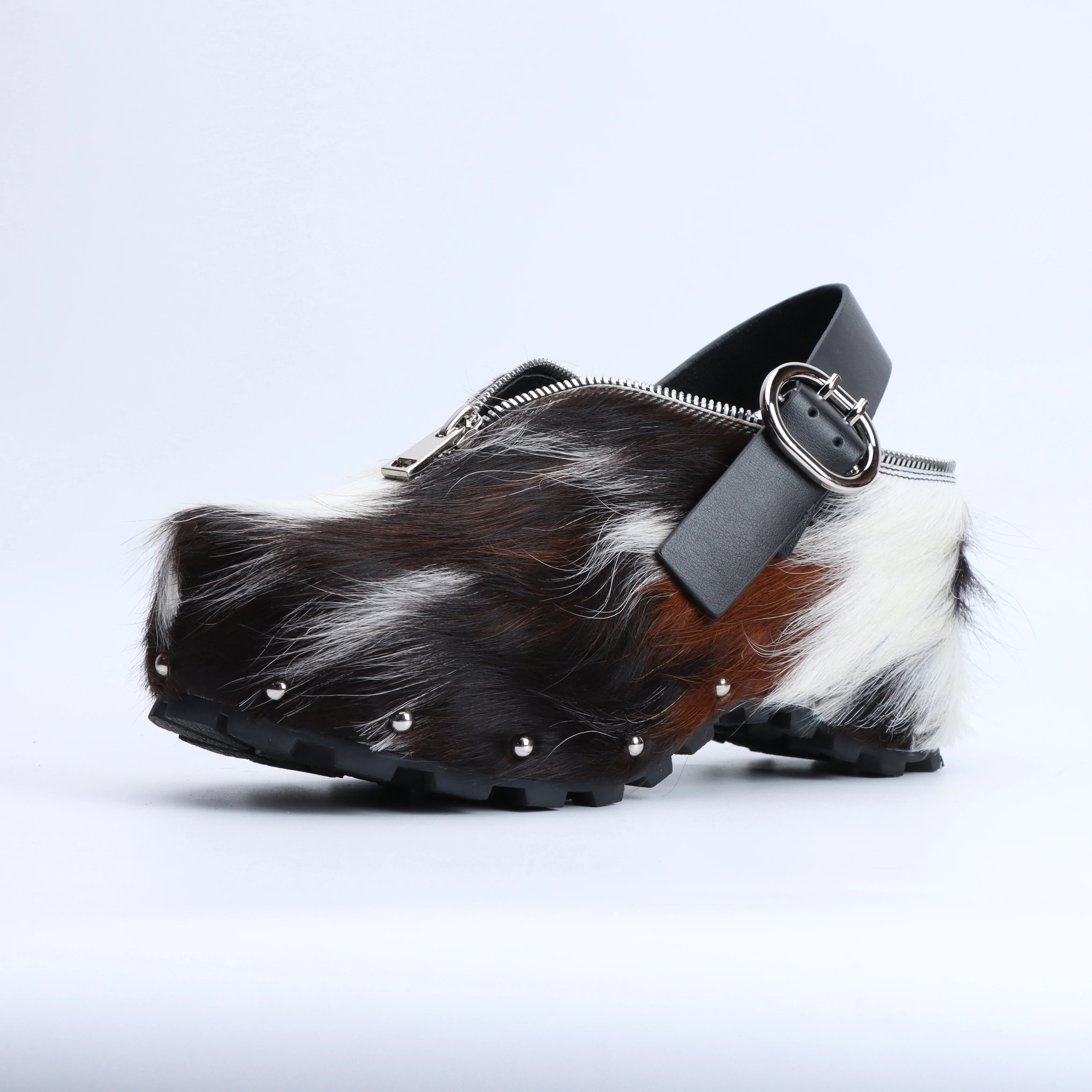 Adjustable Zipper, Luxury Designer Mule Sandals for Women, Handmade Cowhide Fur, Rubber Sole, Latex Insole, Trendy Summer Slides
