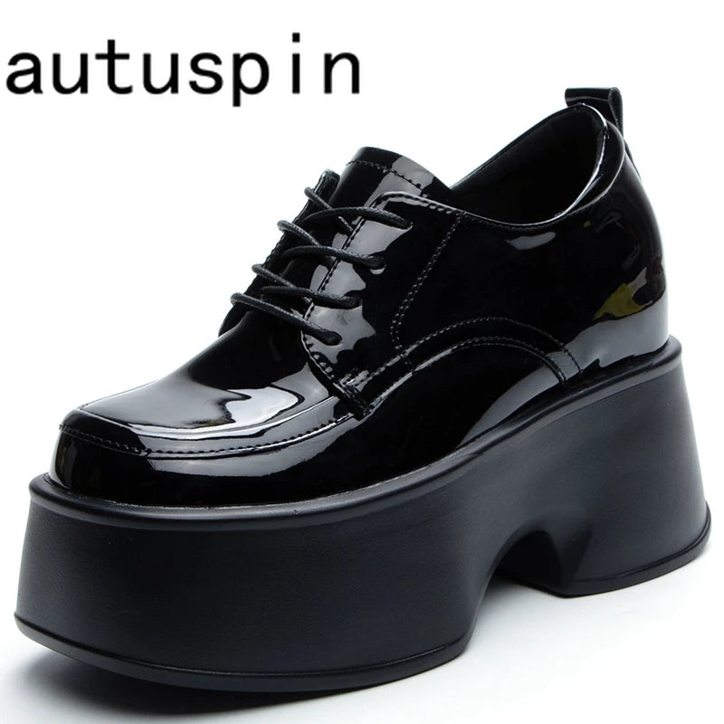 AUTUSPIN 7.5cm Chunky Heel Loafers Women Fashion Sleeky Leather Lace-up Broches Shoes Spring Summer Ladies Oxford Pumps Woman