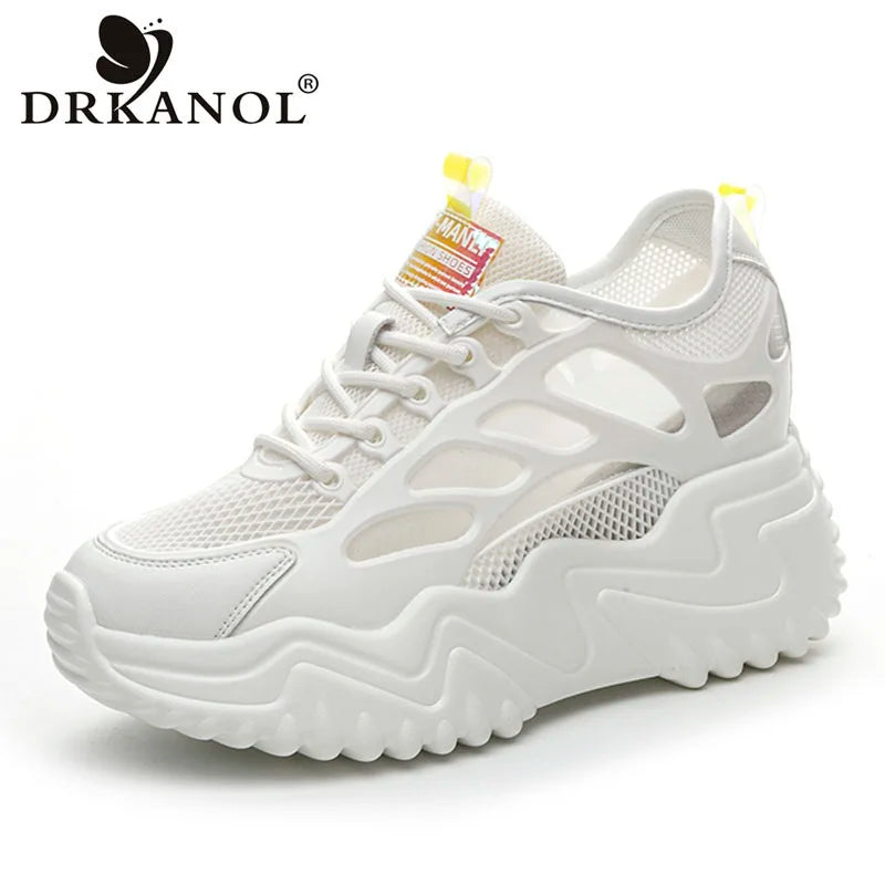 DRKANOL White Air Mesh Casual Sneakers Women 8cm Wedges Heel Height Increasing Chunky Platform Shoes Summer Breathable Shoes
