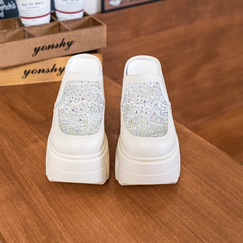 Autuspin Women's Slippers 11cm Super High Heels Women Fashion Mesh Splicing Leather Round Toe Slides Crystal Ladies Mules Shoes