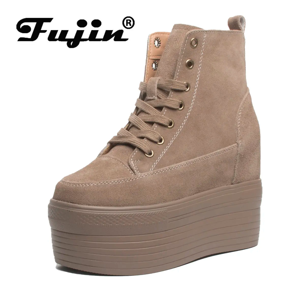 Fujin 12cm Suede Genuine Leather Platform Boots Women Female Spring Autumn Wedge Boots Women Winter Boots Ankle Shoes High Top