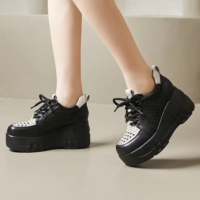 DRKANOL Fashion Summer Chunky Platform Shoes Women 2024 Genuine Cow Leather Mixed Colors Hollow Out Breathable Wedges Heel Shoes