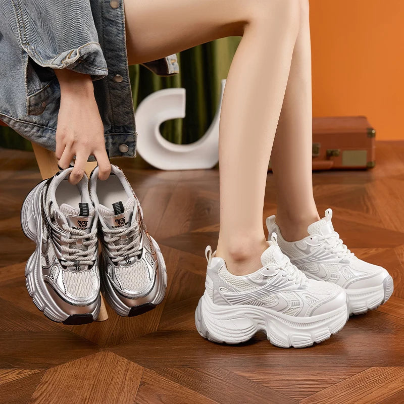 AUTUSPIN 7cm High Thick Bottom Shoes for Women Spring Summer Outdoor Sneakers Tide Trendy Breathable Mesh Shoe 2025 Fashion