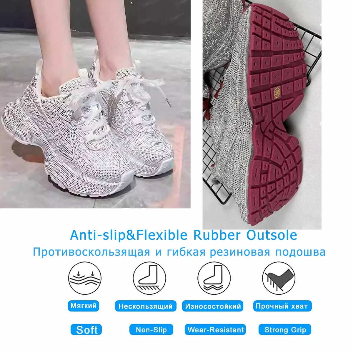 Fujin 5cm Women Sneakers Spring Lace-Up Casual Working Shoes Wearing Shoes High Brand Platform Wedge Silver Crystal Outside