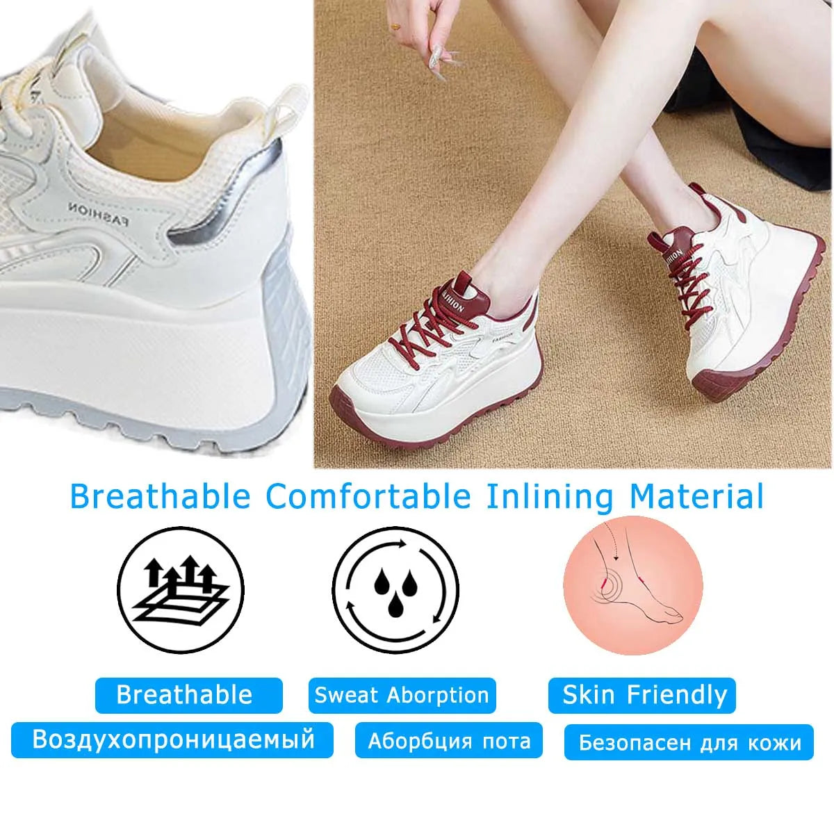 Fujin 8cm Air Mesh Microfiber Vulcanize Chunky Sneaker Lace Up Shoes Fashion Synthetic Leather Flats Platform Wedge Women Ladies