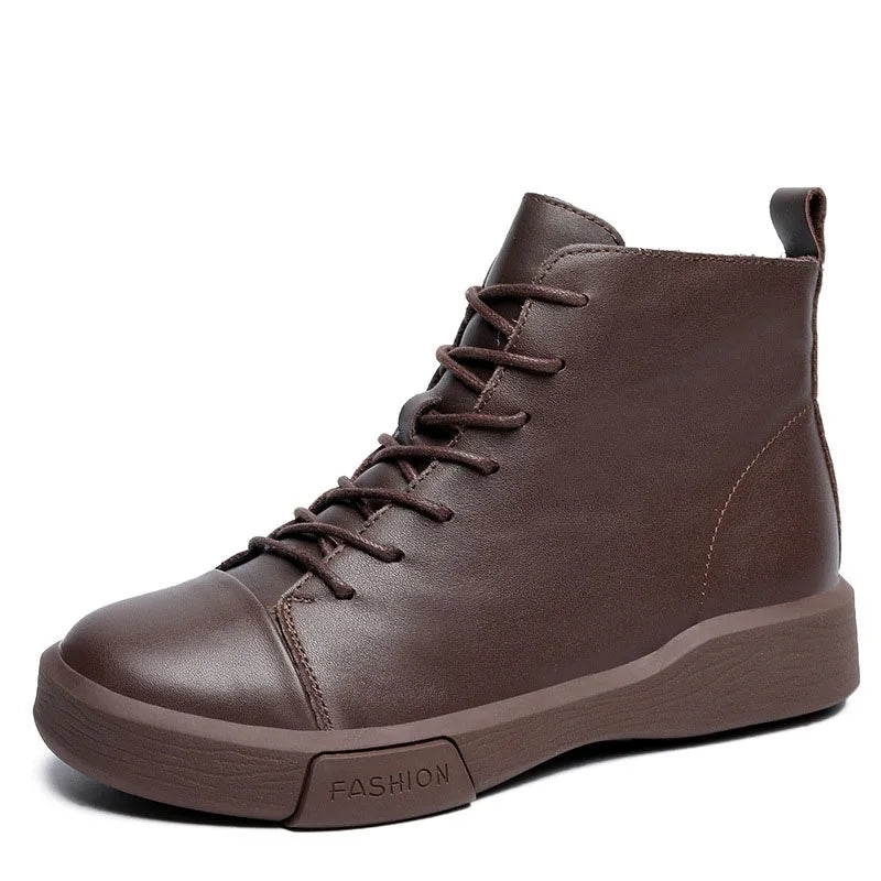 DRKANOL 2025 Fashion Women Flat Ankle Boots 100% Cow Genuine Leather Round Toe Autumn Winter Warm Casual Short Boots Black Brown