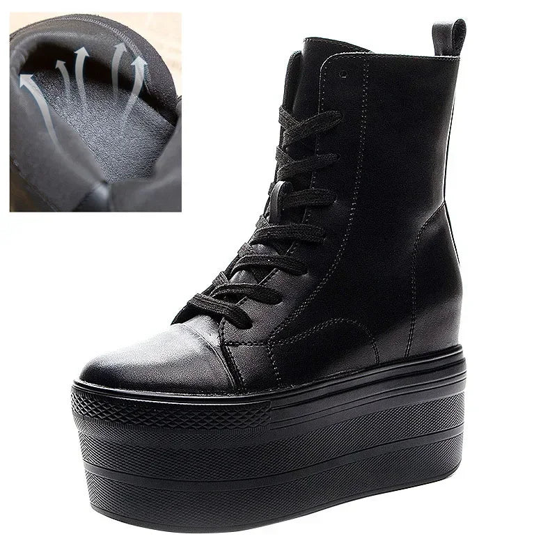 Fujin Genuine Leather 10cm Super Thick Sole Platform Wedge Hidden Heel Boots Shoes Zipper Winter Boots Ankle Warm Booties 2024