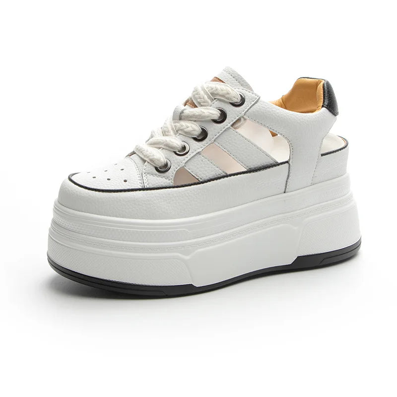 Autuspin Summer Sport Sandals Women Fashion Genuine Leather Hollow Out Vulcanized Shoes Ladies Rome Style High Platform Sneakers
