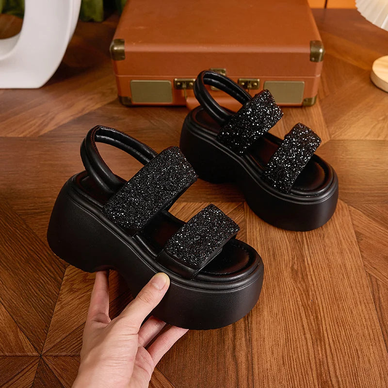 Autuspin 8cm Wedge Heels Sandals 2024 Summer Fashion Novelty High Heel Sandal Office Ladies Crystal Shoes Woman Party Wedding