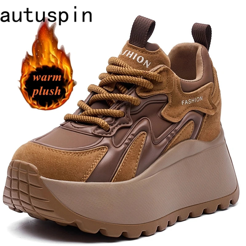 AUTUSPIN 7cm Women Retro Winter Shoes Oudoor Leisure Walking Warm Women's Vulcanize Shoes Ladies Brown Casual platform Sneakers