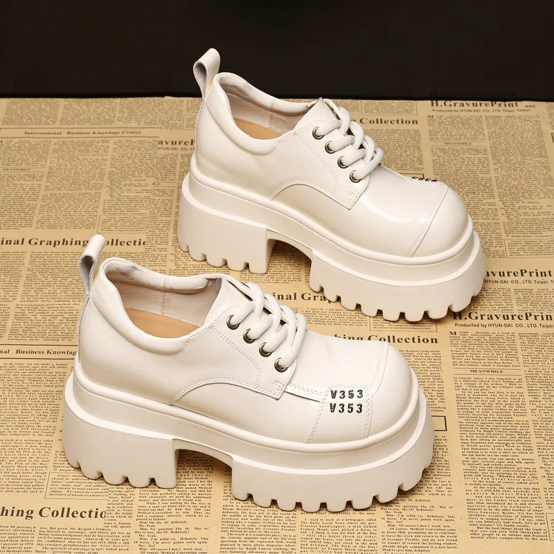 AUTUSPIN 8.5 High Thick Heels Pumps Women Fashion Platform Wedgs Loafers Ladies Microfiber Leather Oxfords Shoes Popular Beige