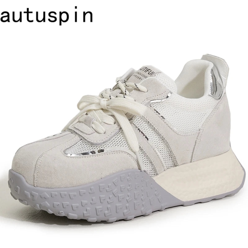 AUTUSPIN Summer Sneakers for Women 2025 Street Style Breathable Mesh Sports Training Shoes Female Spilcing Leather Lace-up Shoes
