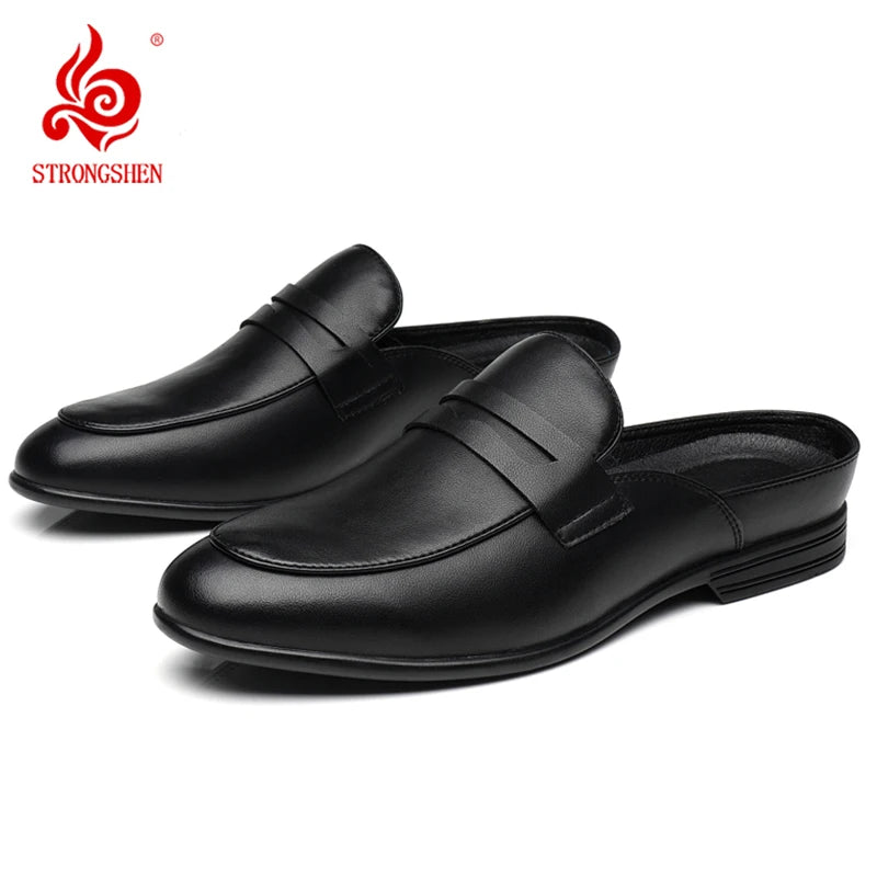 Men Leather Half Slippers Fashion Outdoor Casual Leather Shoes Soft Bottom Half Drag Genuine Leather Antiskid Walking Shoes