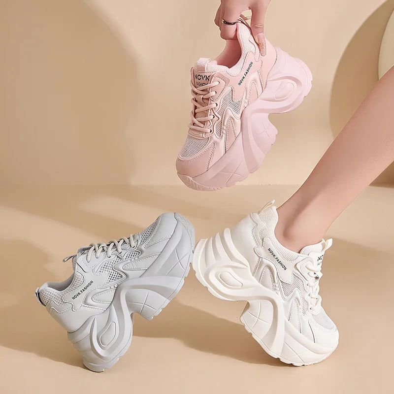 Fujin 9cm Air Mesh Genuine Leather Chunky Sneakers Casual Breathable Summer Ladies Fashion Platform Shoes Wedge Women Vulcanize