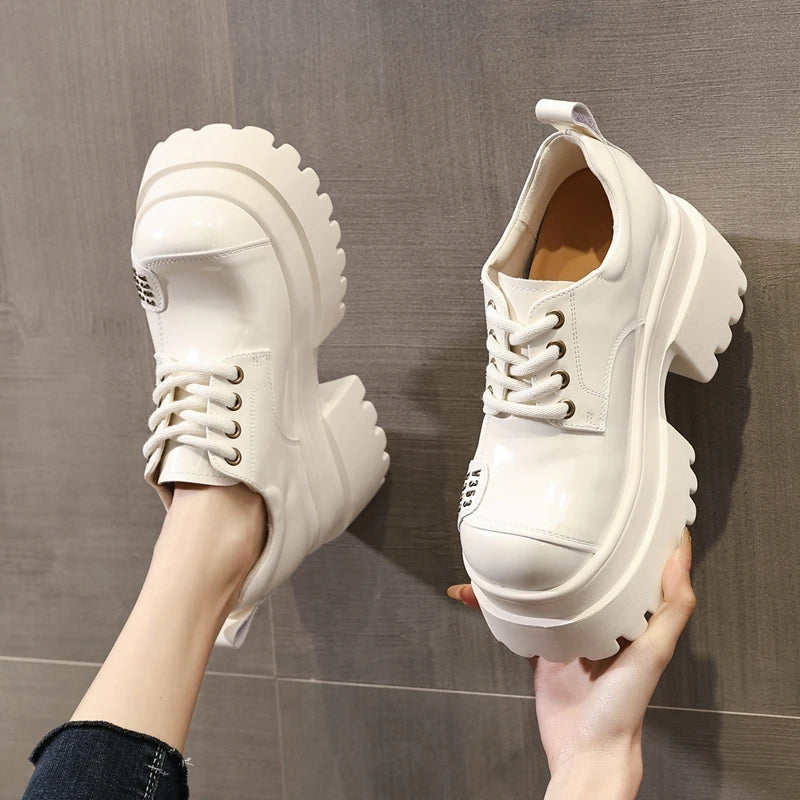 AUTUSPIN 8.5 High Thick Heels Pumps Women Fashion Platform Wedgs Loafers Ladies Microfiber Leather Oxfords Shoes Popular Beige