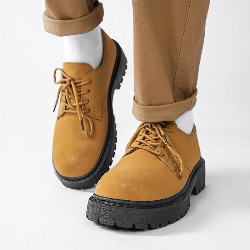 STRONGSHEN Men Casual Shoes Thick Soled Leather Shoes Men Round Toe Yellow New Fashion Elegant Non-slip Lace up Leather Shoes