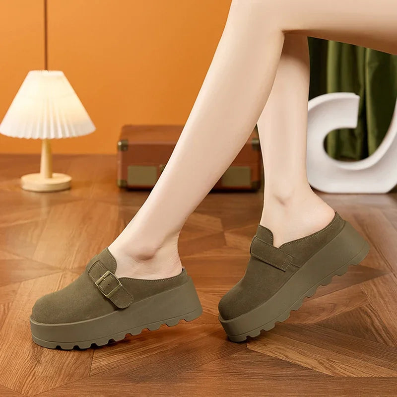 AUTUSPIN Fashion Suede Leather Slippers Women Leisure Buckle Mules Shoes Spring Summer Thick Platform Woman Round Toe Slides
