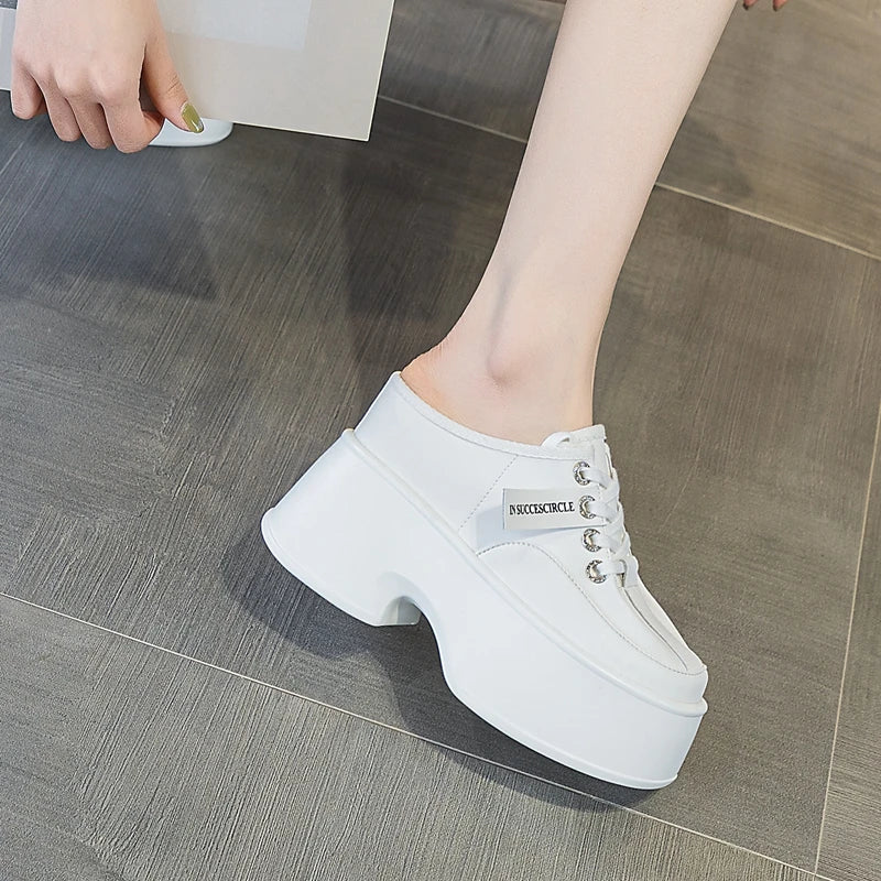 AUTUSPIN 11cm Fashion Women Mules Platform High Heels Summer Autumn Genuine Leather Casual Round Toe Slippers Woman Slides Shoes