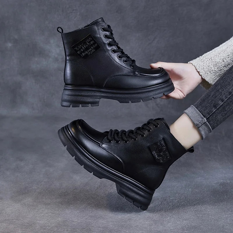 DRKANOL 2025 British Style Women Genuine Cow Leather Ankle Boots Autumn Winter Warm Thick Heel Platform Retro Casual Short Boots