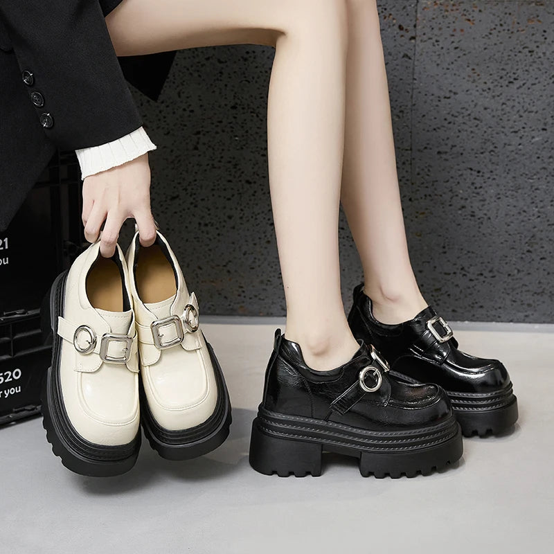 AUTUSPIN 2025 New Increased Internal Women Loafers Fashion Leather High Thick Heels Chunky Platform Ladies Tide Shoes Round Toe
