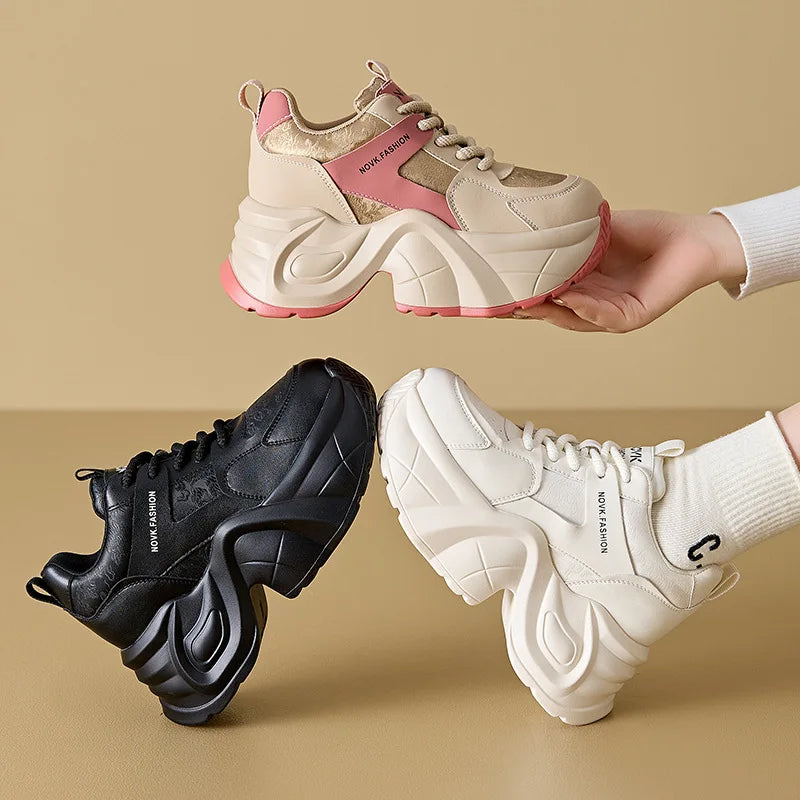 Fujin 9cm Genuine Leather Women Casual Shoes Chunky Sneakers Skateboard Vulcanize Lady Comfy White Platform Wedge Hidden Heel