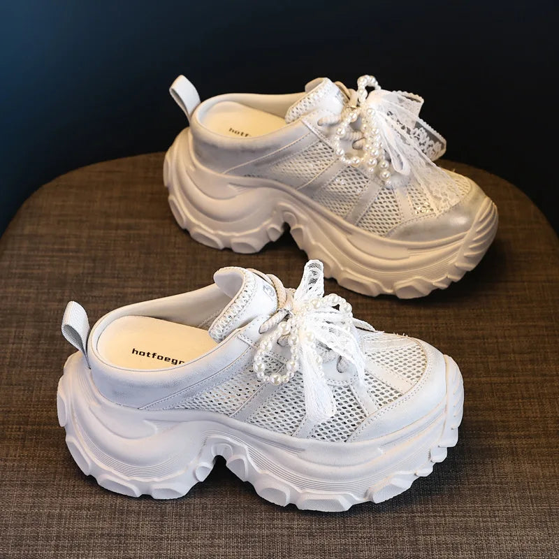 Fujin 8cm Air Mesh Synthetic Leather Sandals Platform Wedge Flats Breathable Women Summer Hollow Slipper Summer Sandals Shoes