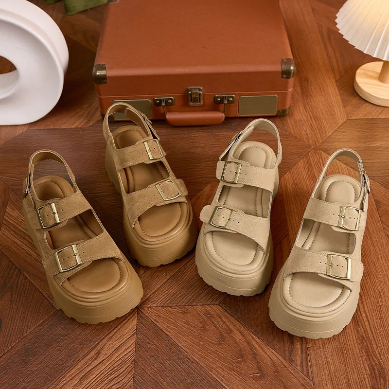 AUTUSPIN 7cm Women Sandals Summer Fashion Ladies Suede Leather Buckles Shoes Outdoor Popular Female Rome Platform Sandalias