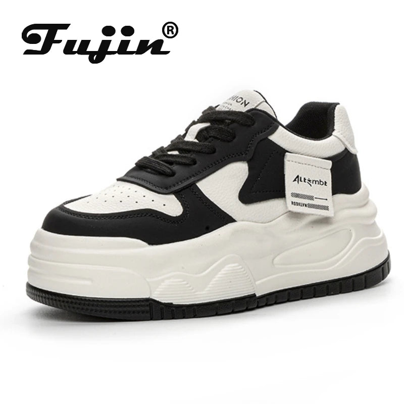 Fujin 7.5cm Women Cow Genuine Leather Spring Autumn Chunky Sneaker Ankle Microfiber Platform Wedge Vulcanize Ankle Booties Shoes