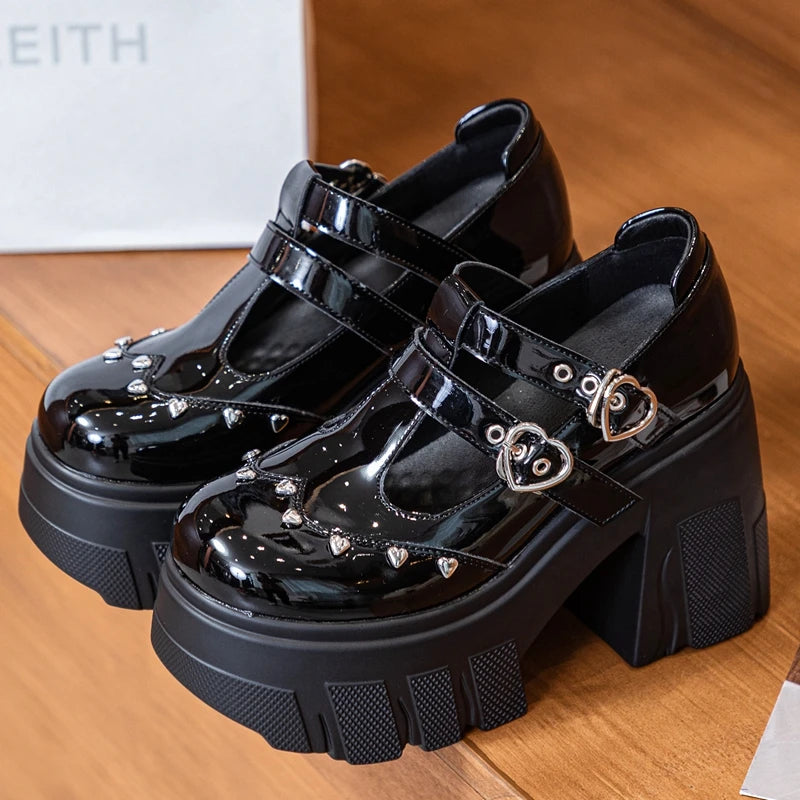 AUTUSPIN Metal Love Decoration Women Pumps High Platform Punk Woman Shoes Summer Round Toe 11cm Block Heels Party Wedding Shoes