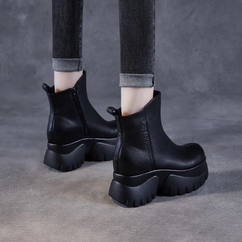 DRKANOL Women Genuine Leather Boots 2025 Autumn Winter Warm Platform Height Increasing 9.5cm High Heel Retro Casual Ankle Boots