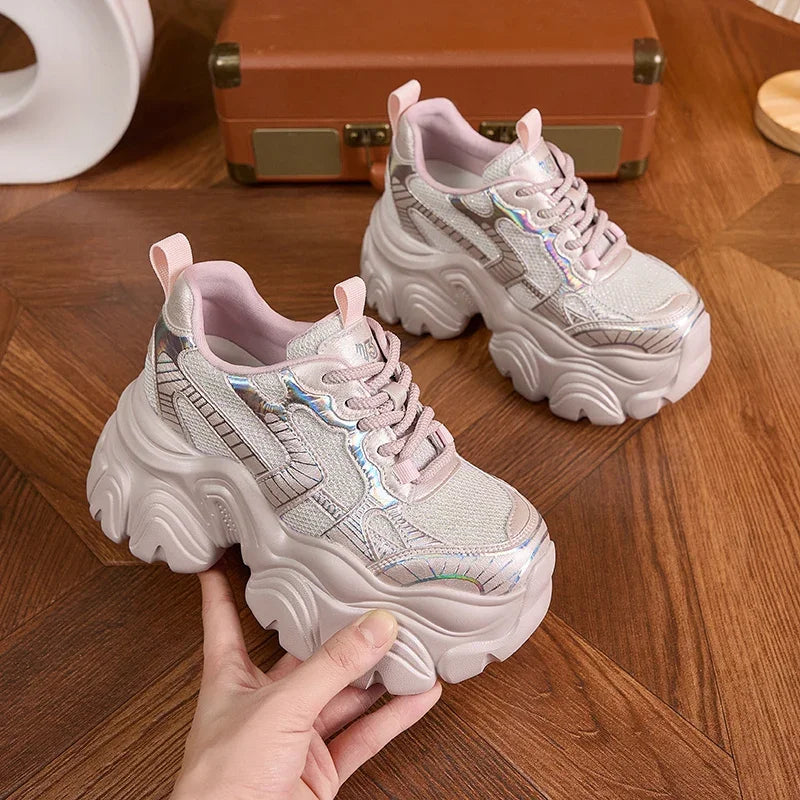AUTUSPIN 9.5CM Thick Soled Women Pink Shoes Spring Summer Breathable High Platform Sneakers Outdoor Korea Style Footwear Woman