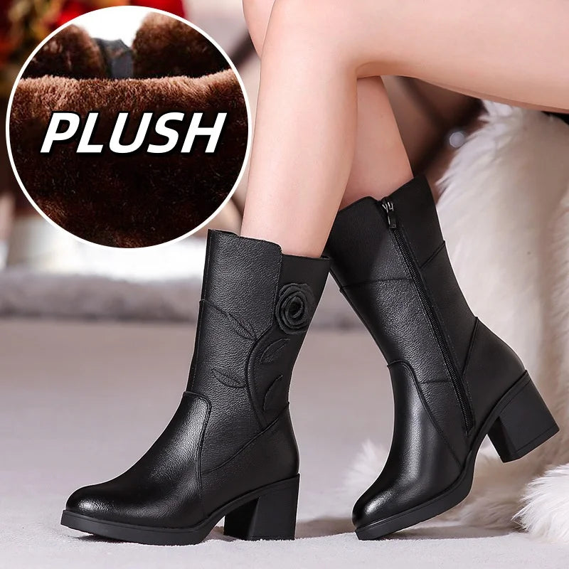 WOIZGIC Women's Female Ladies Mother Genuine Leather Mid Calf Boots Shoes Warm Fur Plush Winter Zipper Flower Commute Non-Slip