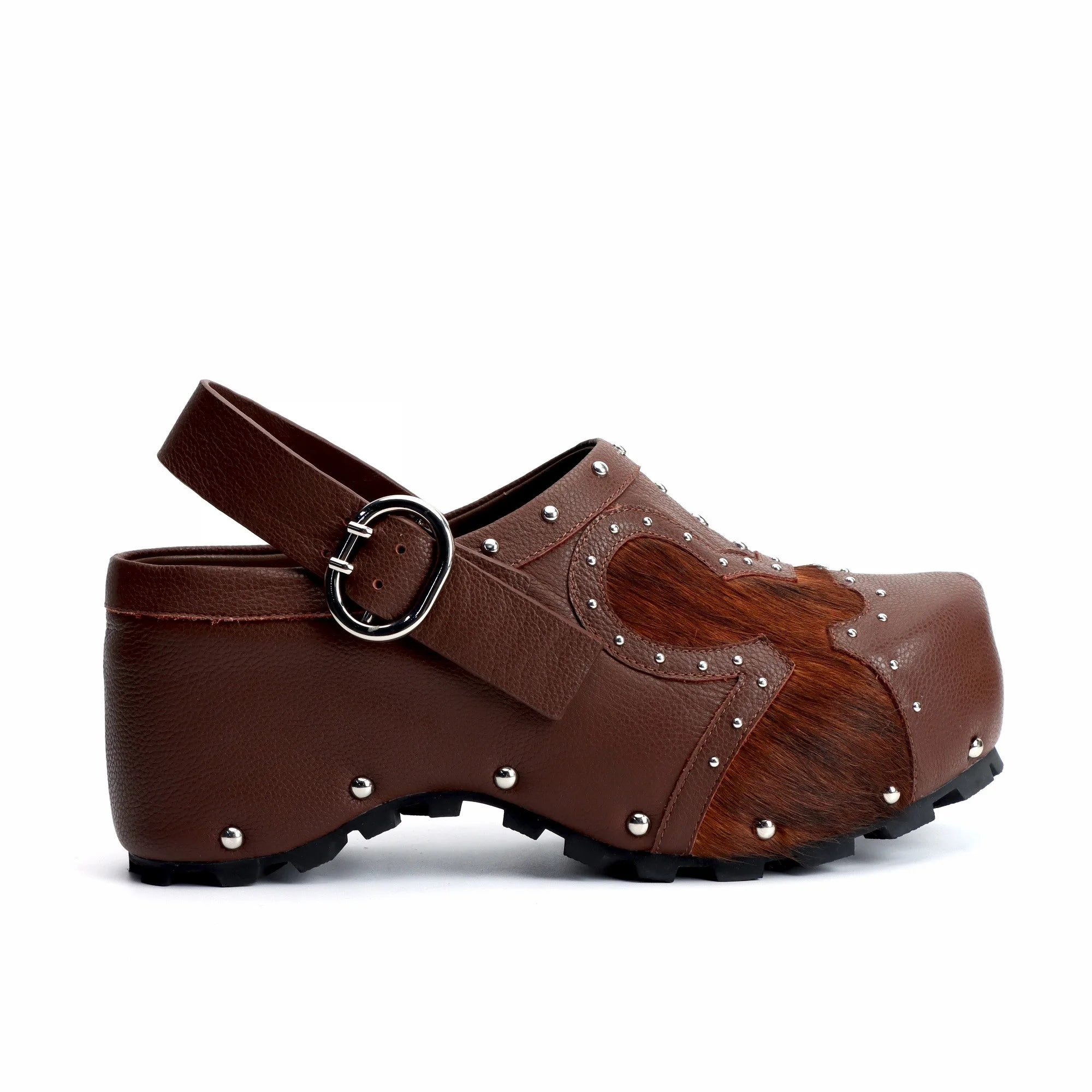 Luxury Studded Platform Clogs Sandals Cowhide Calf Hair Upper Leather Lined with Arch Support Slip-On Wide Fit Anti-Slip Outsole