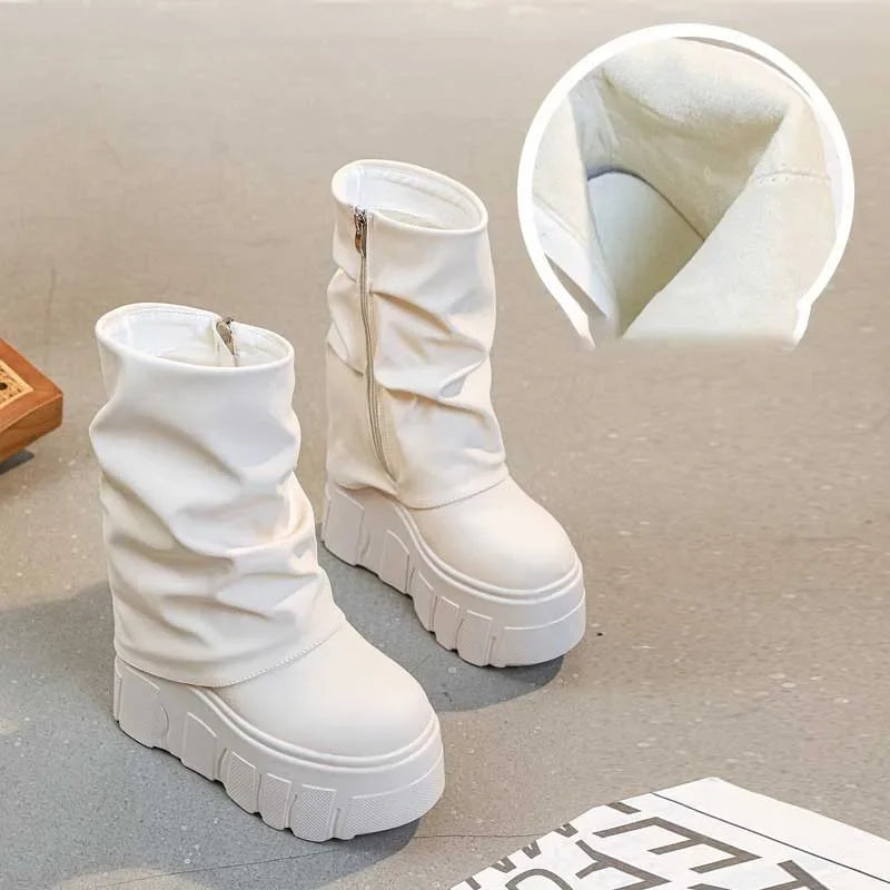 fujin 14cm Microfiber Leather Autumn Boots Flats Plush Ankle Booties Women Platform Wedge Thick Sole Motorcycle Winter Shoes