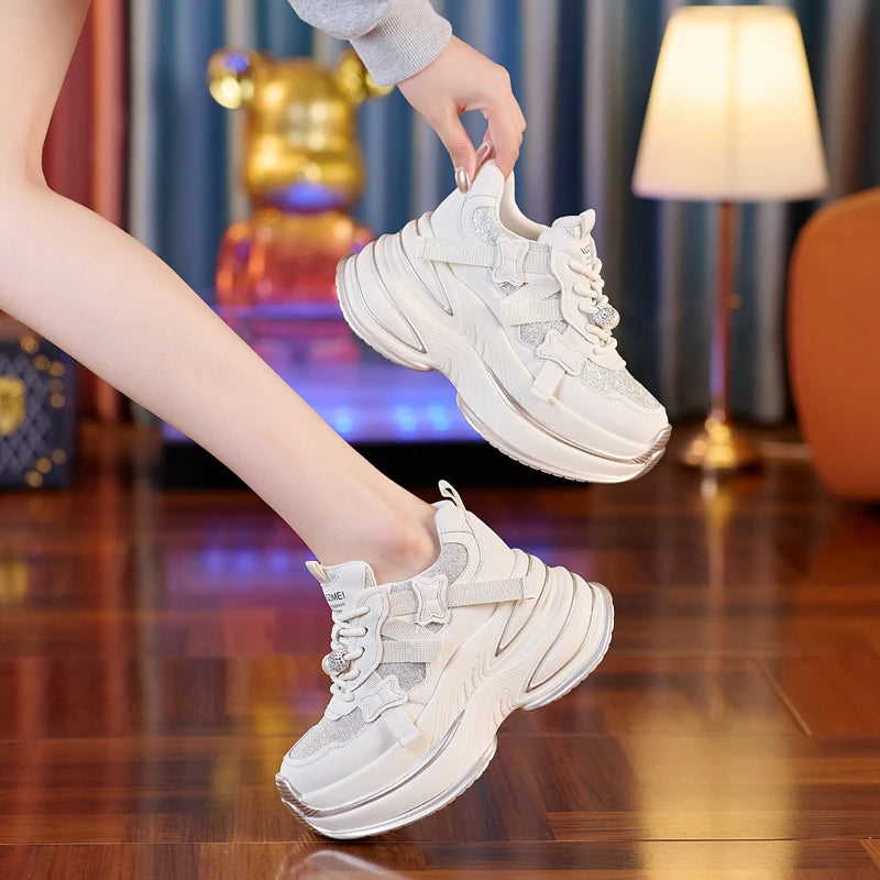 AUTUSPIN 8cm Genuine Leather Bling Shoes for Women Autumn Winter Thick Platform Fashion Sneakers Chunky Walking Shoes Female